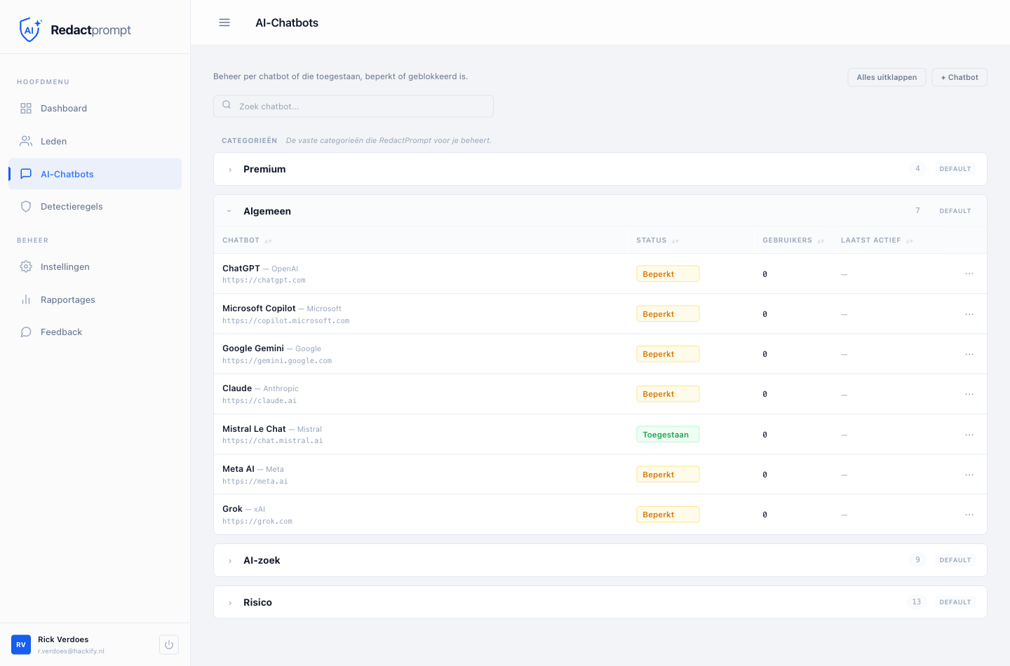 Beleid per chatbot: toestaan, beperken of blokkeren Pagina AI-chatbots in het Redactprompt-dashboard: per chatbot instelbaar op toegestaan, beperkt of geblokkeerd.