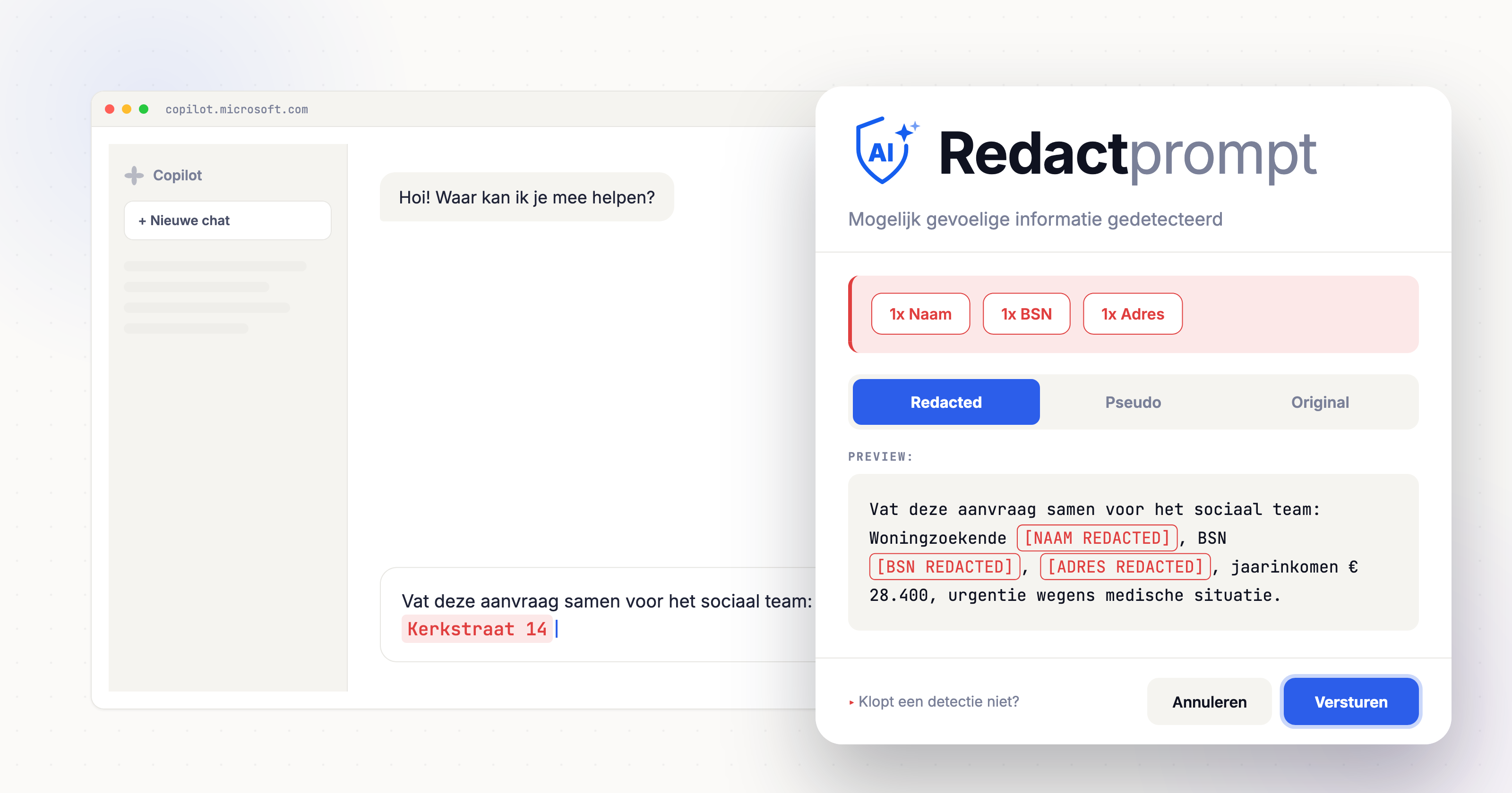 Copilot-venster waarin Redactprompt een BSN in de prompt herkent en afschermt