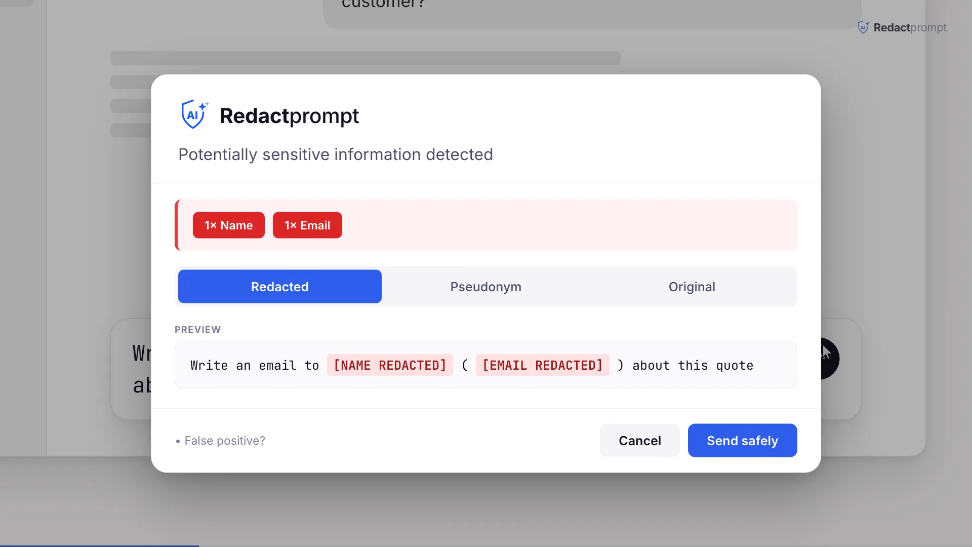 Preview of Redactprompt detecting sensitive data in a ChatGPT prompt